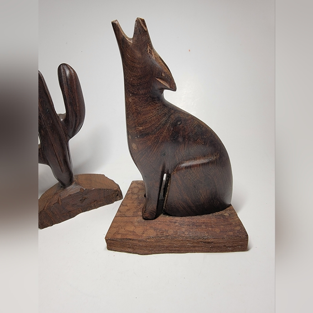 Vintage Ironwood Carved Saguaro Wooden Coyote and Cactus Sculpture Set (2) - Picture 2 of 5